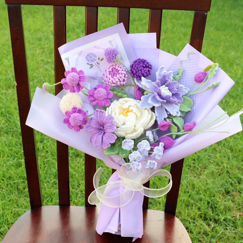 Bouquet de fleurs au crochet, pivoines tulipe rose cadeau fête des mères