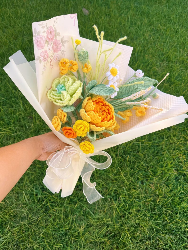 Bouquet de fleurs au crochet, pivoines tulipe rose cadeau fête des mères
