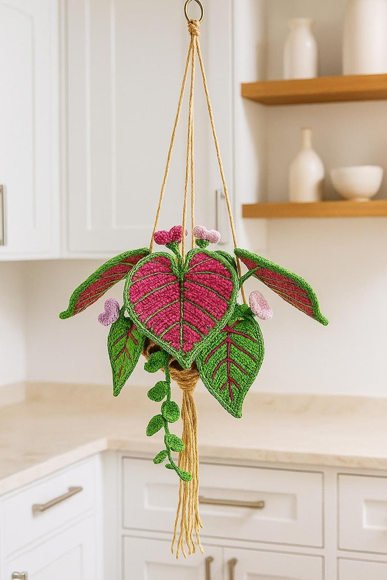 Suspension voiture crochet plante décorative fil rose et vert