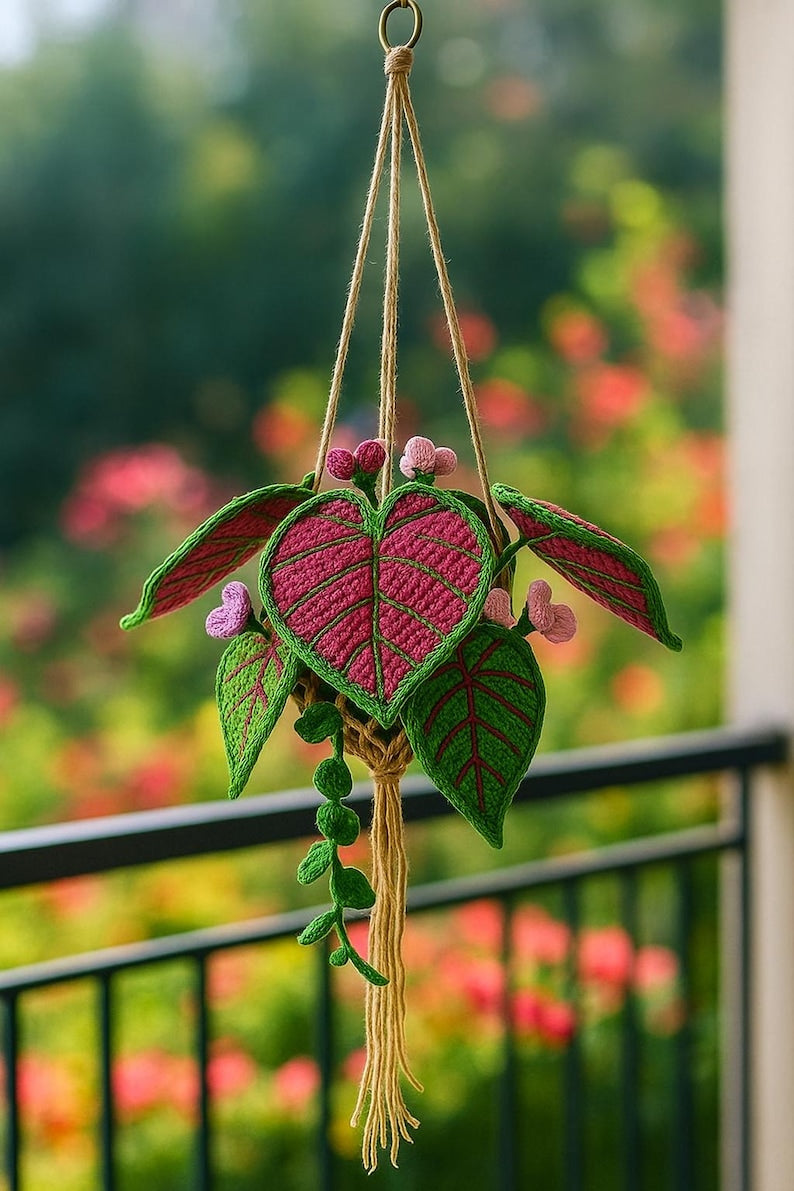 Suspension voiture crochet plante décorative fil rose et vert