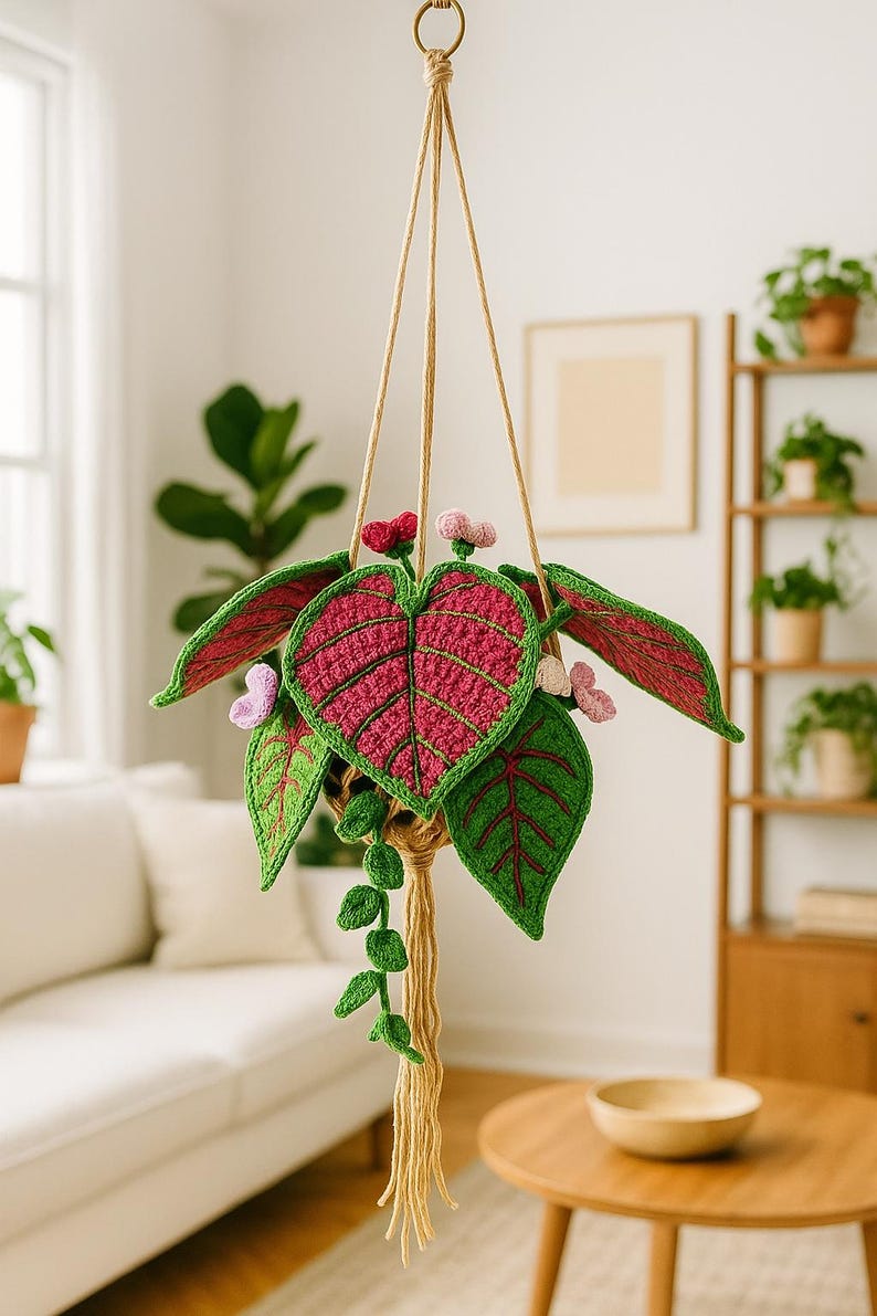 Suspension voiture crochet plante décorative fil rose et vert