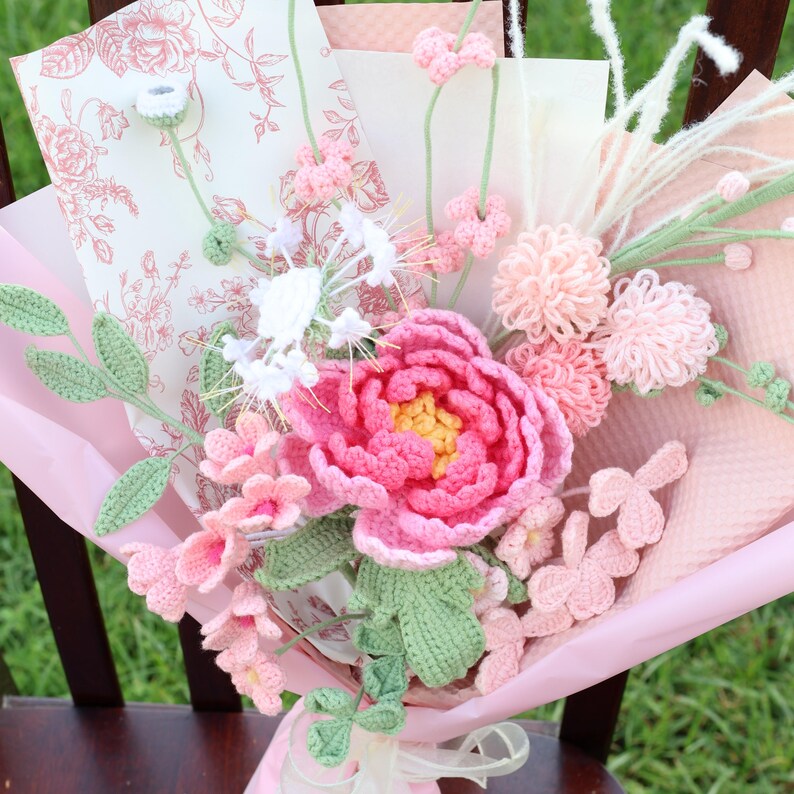 Bouquet de fleurs au crochet, pivoines tulipe rose cadeau fête des mères