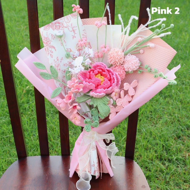 Bouquet de fleurs au crochet, pivoines tulipe rose cadeau fête des mères