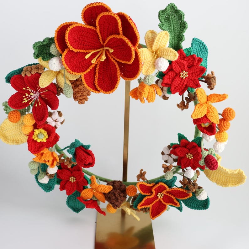 Couronne de fleurs de Noël au crochet faite main - Décoration murale florale des fêtes rouge et orange, Couronne de poinsettia au crochet pour la décoration de Noël