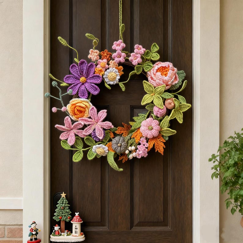 Couronne multicolore au crochet pour décoration murale et cuisine