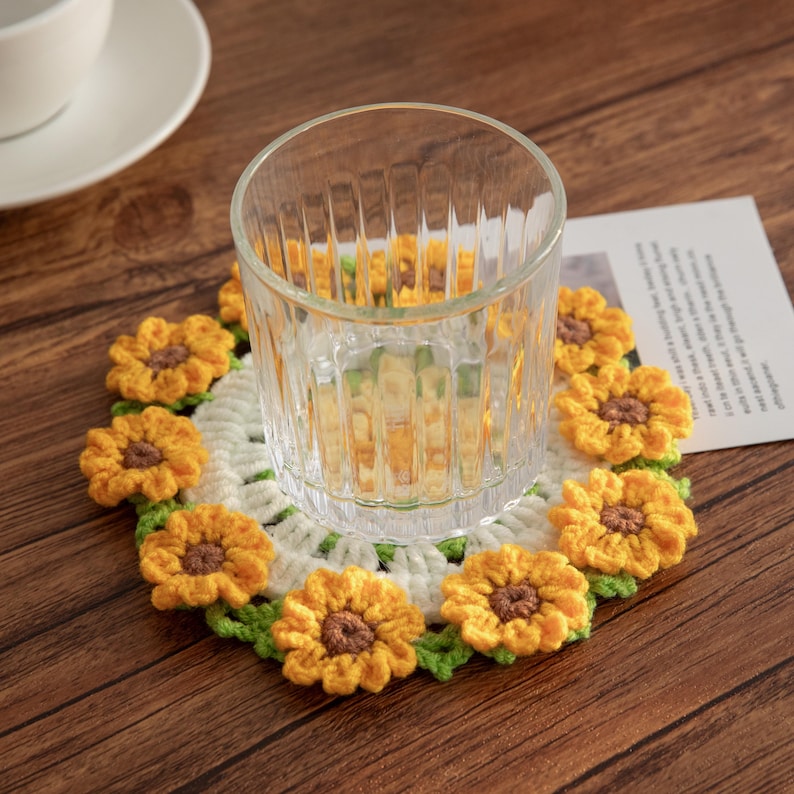 Sous-verre tournesol au crochet en coton, porte-gobelet fleuri