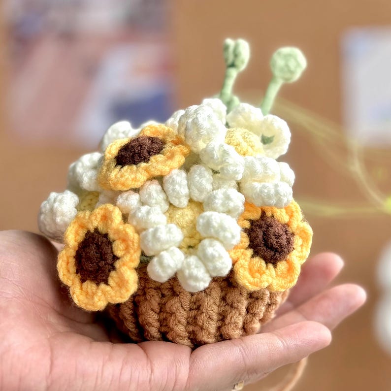 Suspension patron crochet panier fleurs tournesols roses marguerites