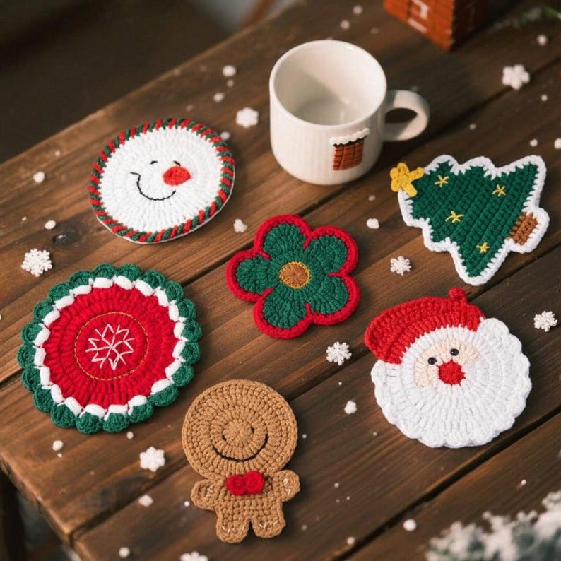 Sous-verres de Noël au crochet, décoration festive de table