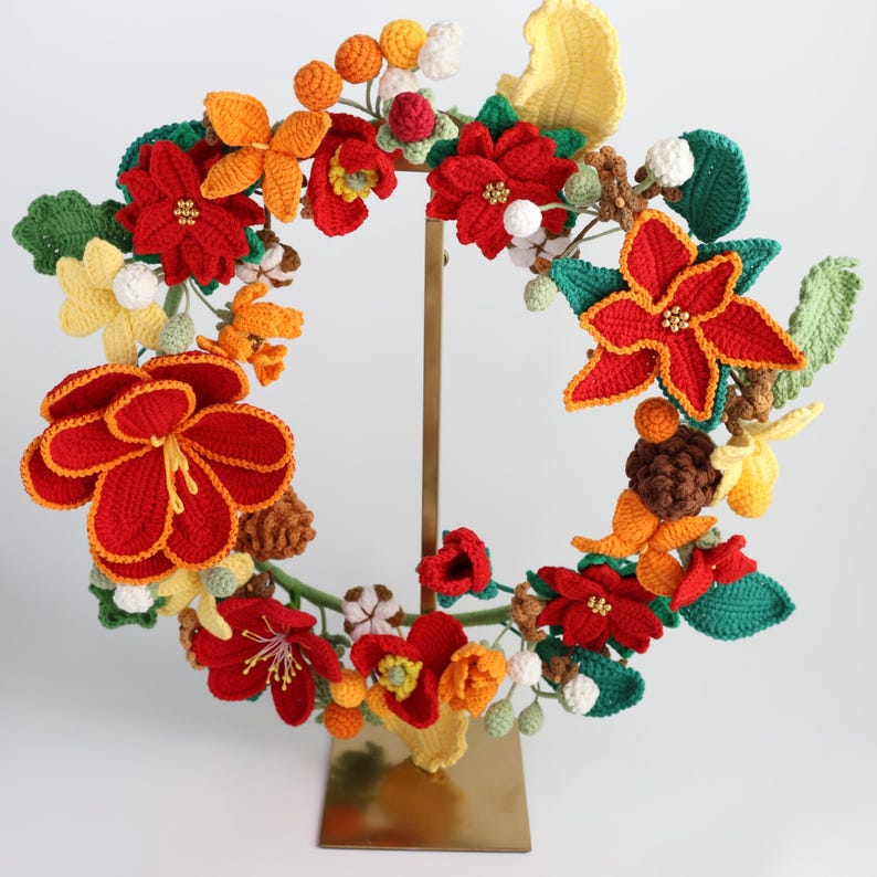 Couronne de fleurs de Noël au crochet faite main - Décoration murale florale des fêtes rouge et orange, Couronne de poinsettia au crochet pour la décoration de Noël