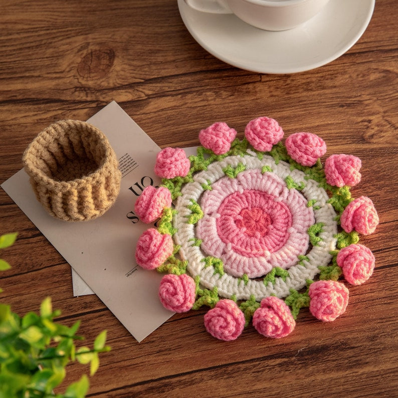 Sous-verre tournesol au crochet en coton, porte-gobelet fleuri