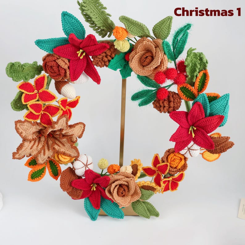 Couronne de fleurs de Noël au crochet faite main - Décoration murale florale des fêtes rouge et orange, Couronne de poinsettia au crochet pour la décoration de Noël
