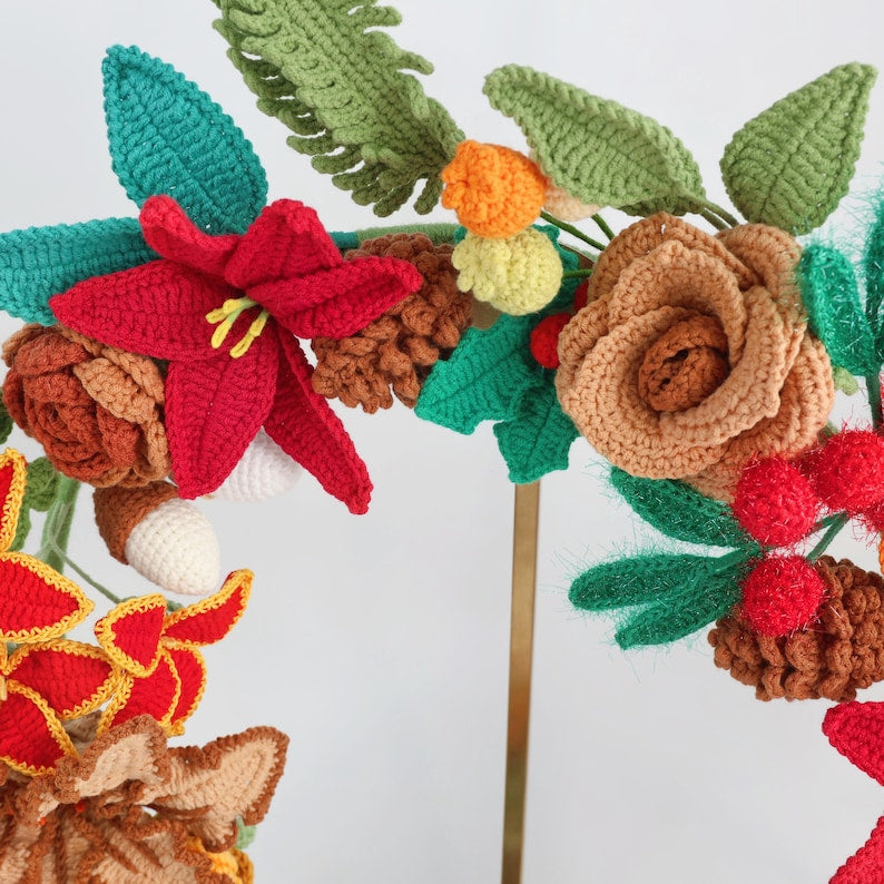 Couronne de fleurs de Noël au crochet faite main - Décoration murale florale des fêtes rouge et orange, Couronne de poinsettia au crochet pour la décoration de Noël