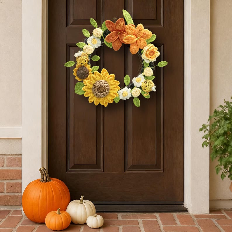 Couronne colorée au crochet pour décoration murale et porte d’entrée