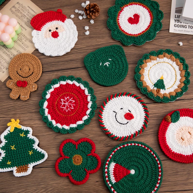 Sous-verres de Noël au crochet, décoration festive de table
