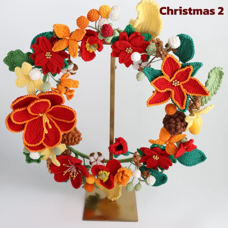 Couronne de fleurs de Noël au crochet faite main - Décoration murale florale des fêtes rouge et orange, Couronne de poinsettia au crochet pour la décoration de Noël