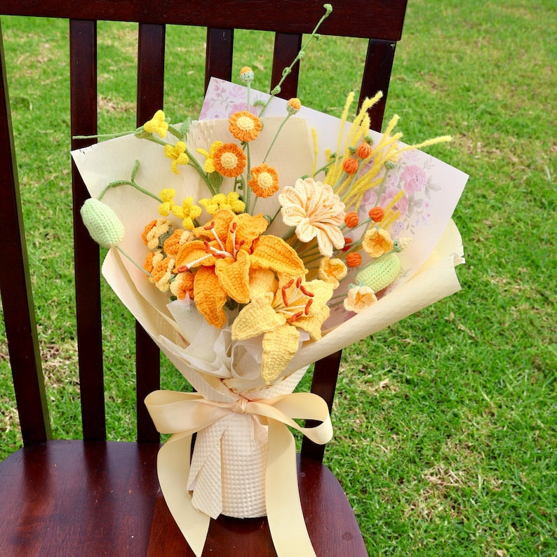 Bouquet de fleurs au crochet, lys tulipe rose cadeau fête des mères