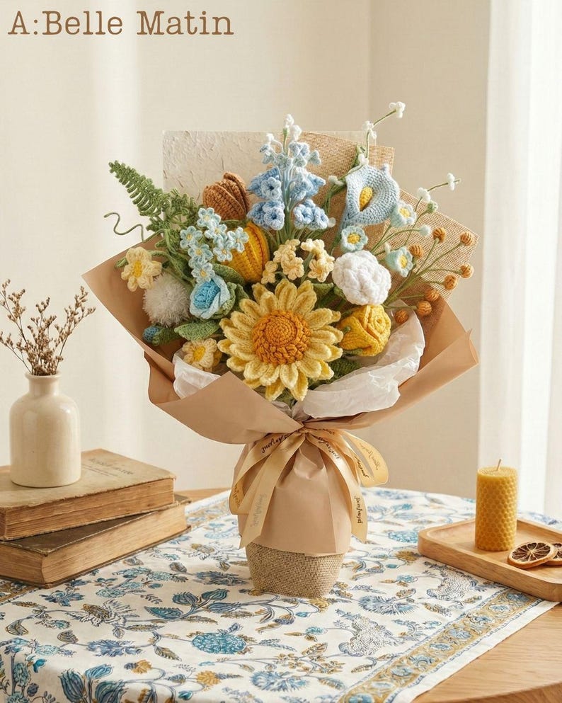 Bouquet de fleurs au crochet, tournesols cadeau remerciement professeur