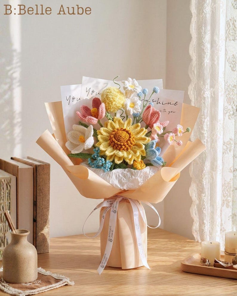 Bouquet de fleurs au crochet, tournesols cadeau remerciement professeur