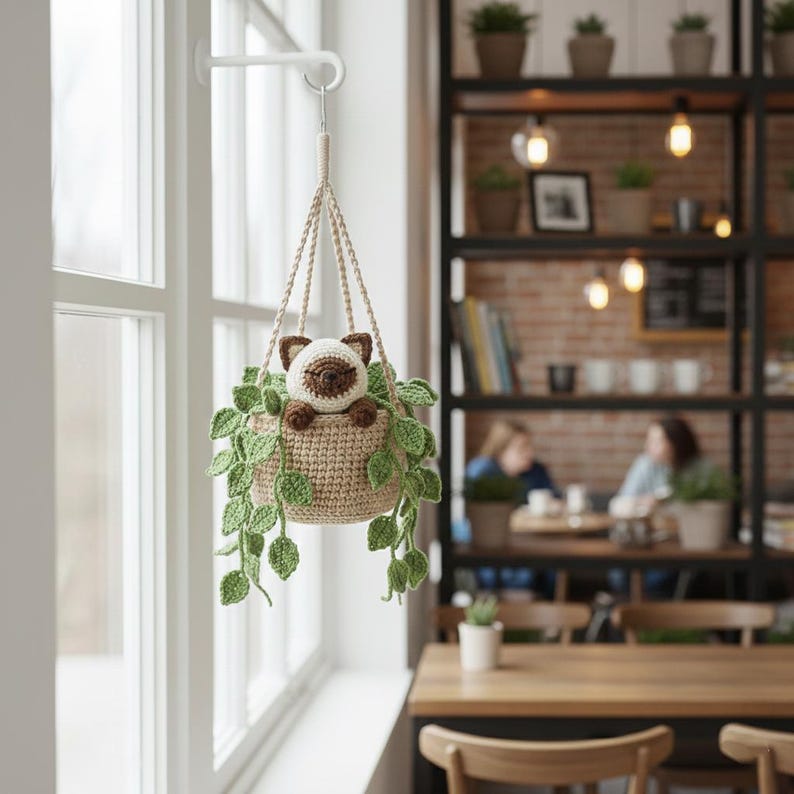 Suspension chat siamois crochet pot de fleurs miroir voiture déco
