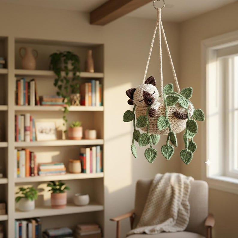 Suspension chat siamois crochet dans pot de fleurs pour voiture