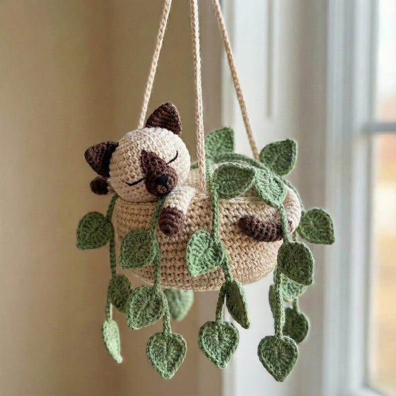 Suspension chat siamois crochet dans pot de fleurs pour voiture