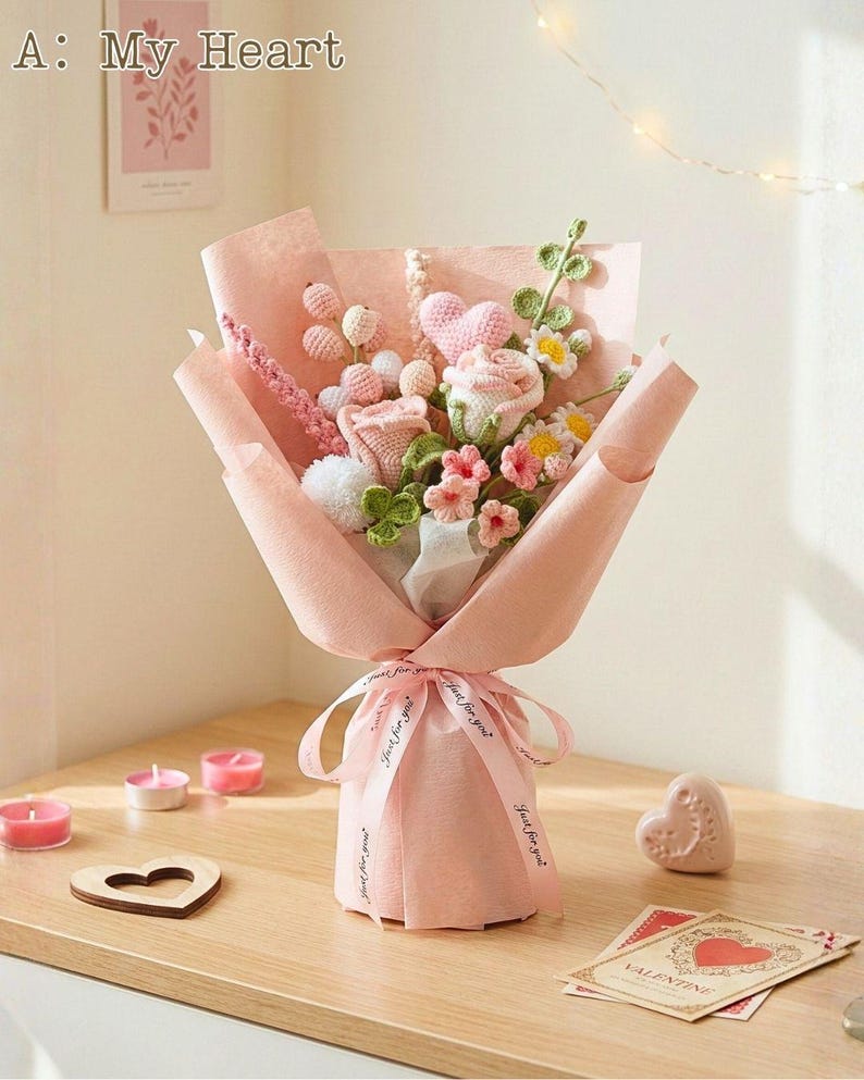 Bouquet de fleurs au crochet, roses roses cadeau romantique anniversaire