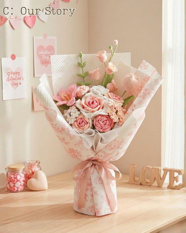Bouquet de fleurs au crochet, roses roses cadeau romantique anniversaire