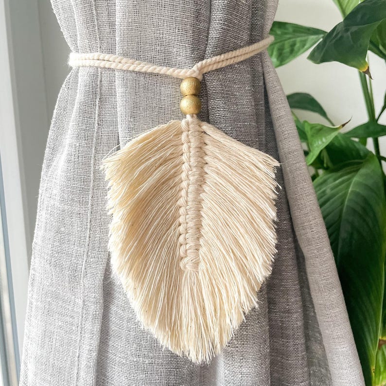 Lot de 2 embrasses de rideaux en macramé plumes et feuilles bohème