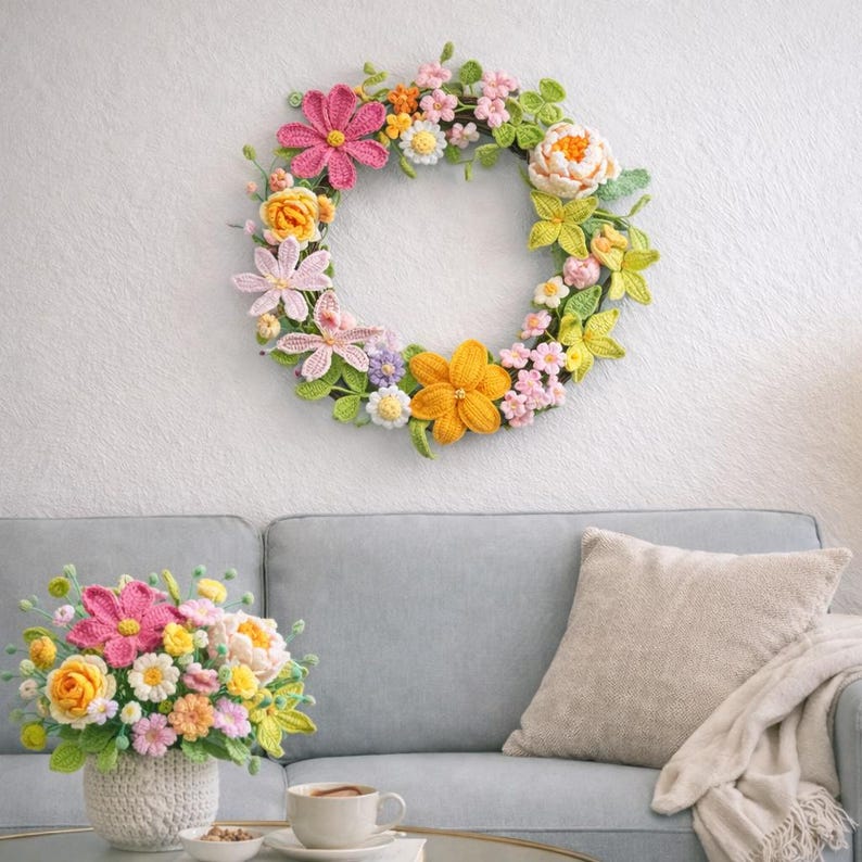 Couronne multicolore au crochet pour décoration murale et cuisine