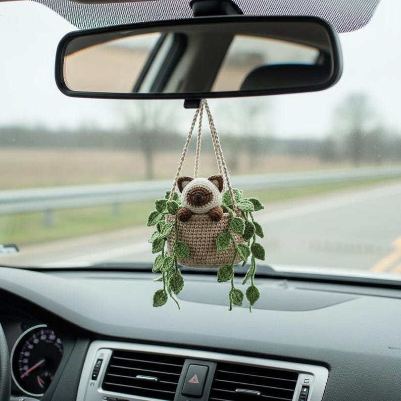 Suspension chat siamois crochet pot de fleurs miroir voiture déco