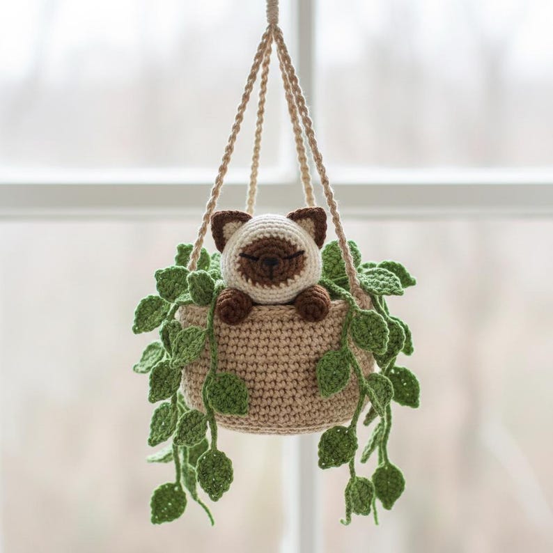 Suspension chat siamois crochet pot de fleurs miroir voiture déco