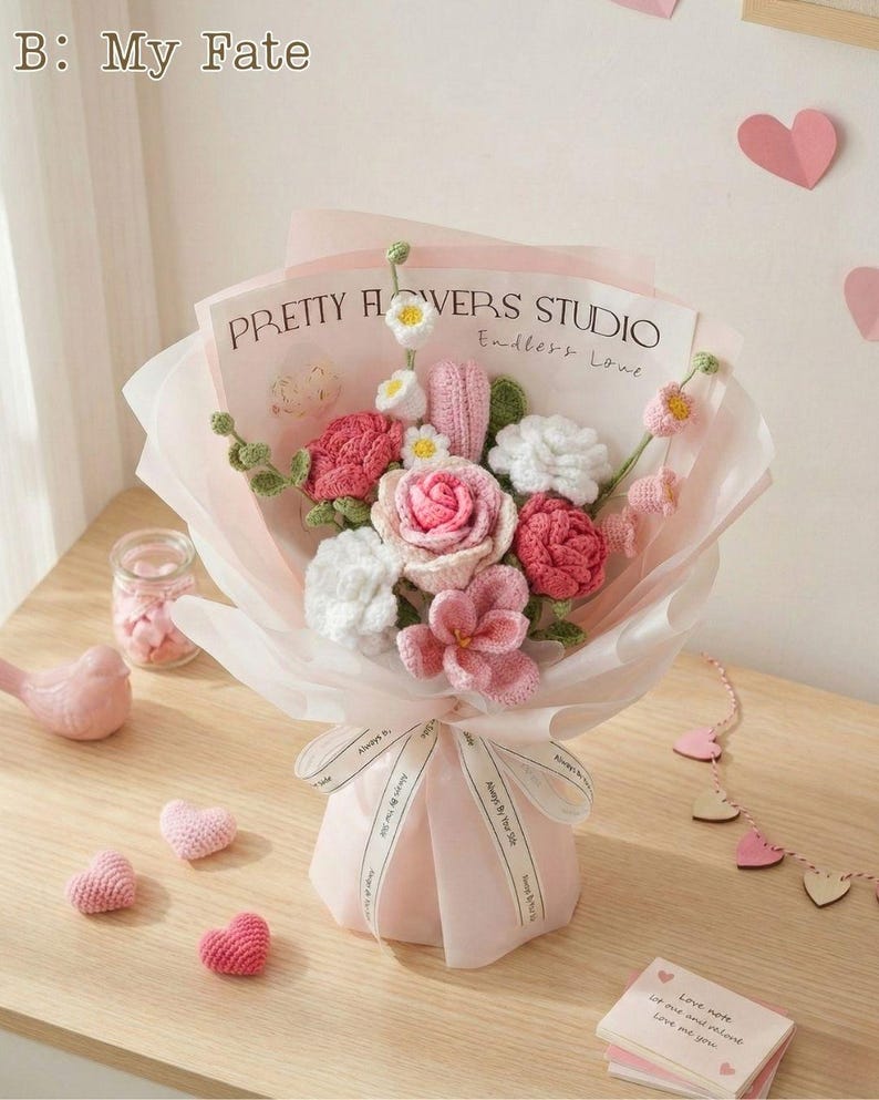 Bouquet de fleurs au crochet, roses roses cadeau romantique anniversaire