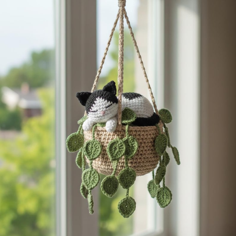 Suspension chat smoking crochet dans pothos miroir voiture décoration