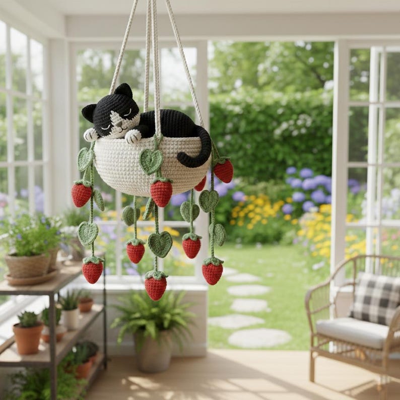 Suspension chat smoking crochet dans pot fraises miroir voiture