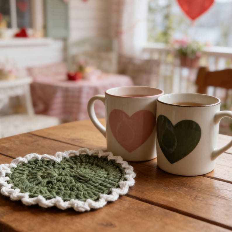 Sous-verres coeur au crochet, motif Saint-Valentin, déco romantique