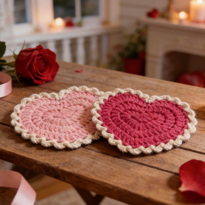 Sous-verres coeur au crochet, motif Saint-Valentin, déco romantique