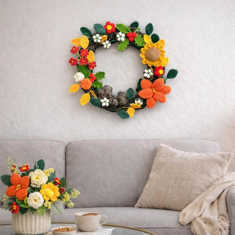 Couronne arc-en-ciel faite main en laine, couronne colorée au crochet, décoration bohème, décoration de porte joyeuse, cadeau de pendaison de crémaillère