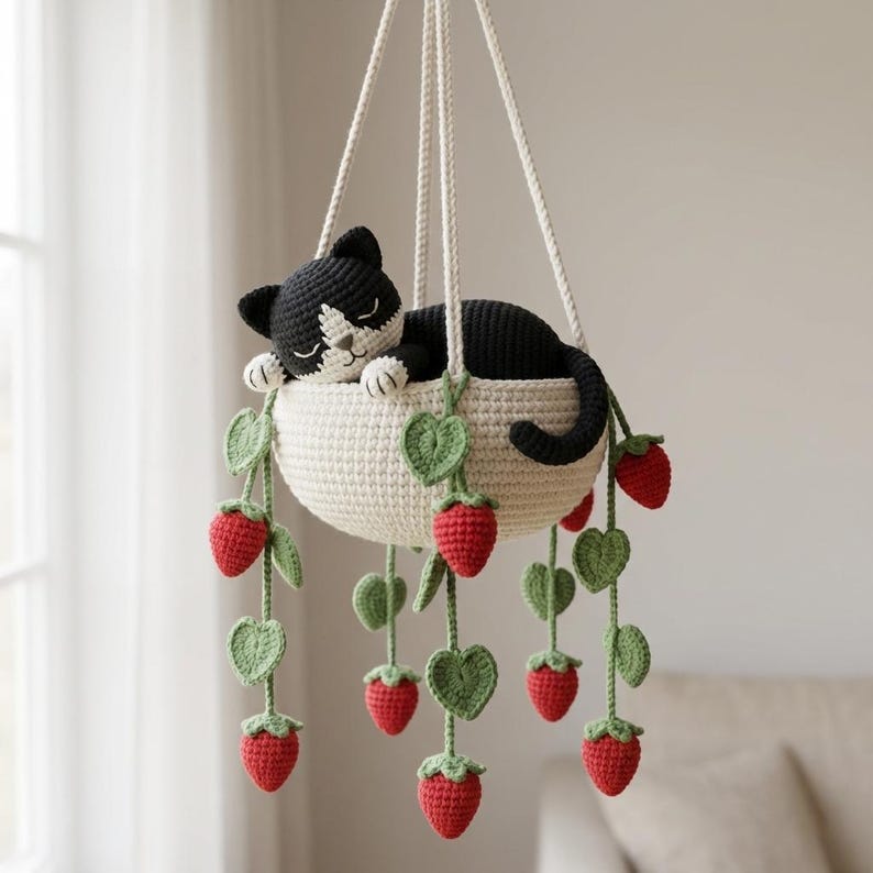 Suspension chat smoking crochet dans pot fraises miroir voiture