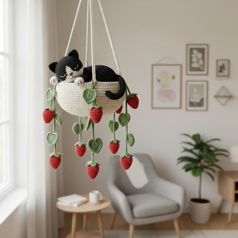 Suspension chat smoking crochet dans pot fraises miroir voiture