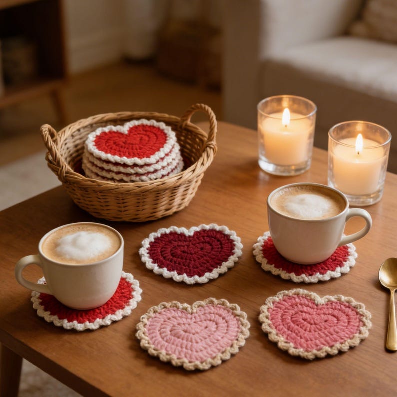 Sous-verres coeur au crochet, motif Saint-Valentin, déco romantique