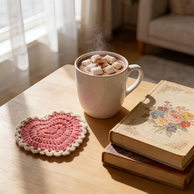 Sous-verres coeur au crochet, motif Saint-Valentin, déco romantique