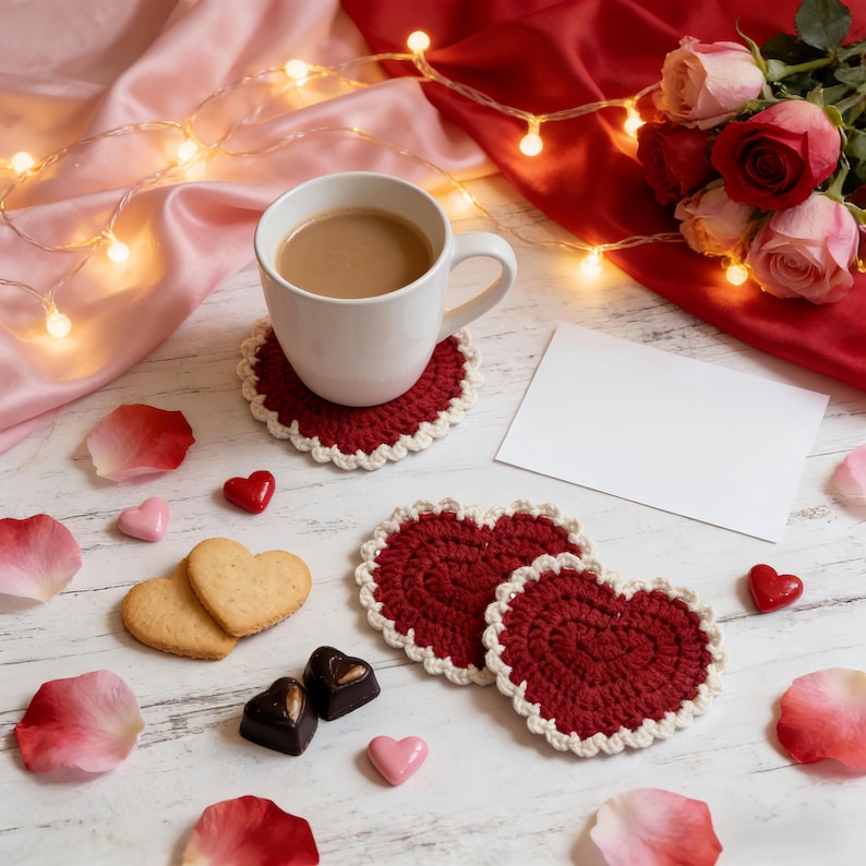 Sous-verres coeur au crochet, motif Saint-Valentin, déco romantique