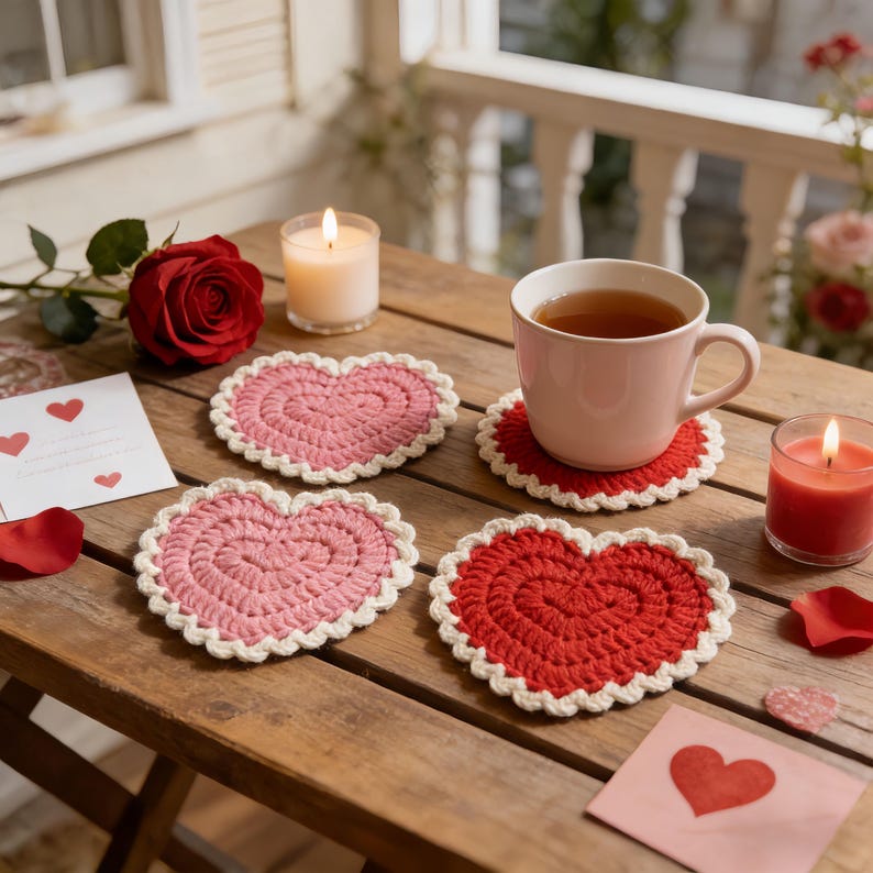 Sous-verres coeur au crochet, motif Saint-Valentin, déco romantique