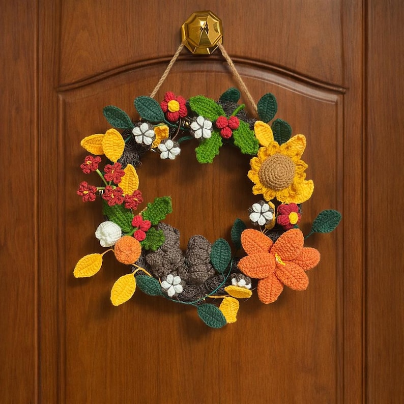 Couronne arc-en-ciel faite main en laine, couronne colorée au crochet, décoration bohème, décoration de porte joyeuse, cadeau de pendaison de crémaillère