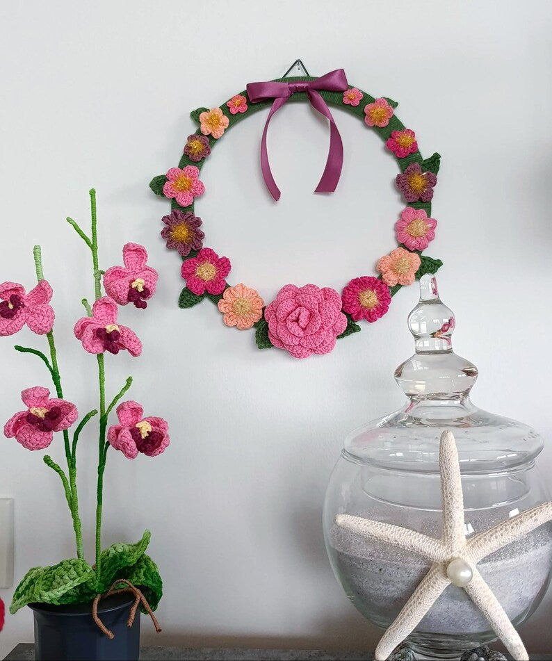 Couronne de fleurs au crochet Jardin rose 27 cm décoration bohème