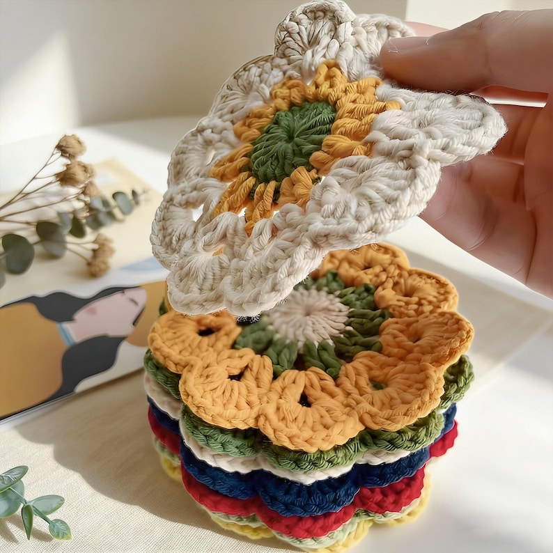 Sous-verres marguerite et tournesol au crochet en coton bohème