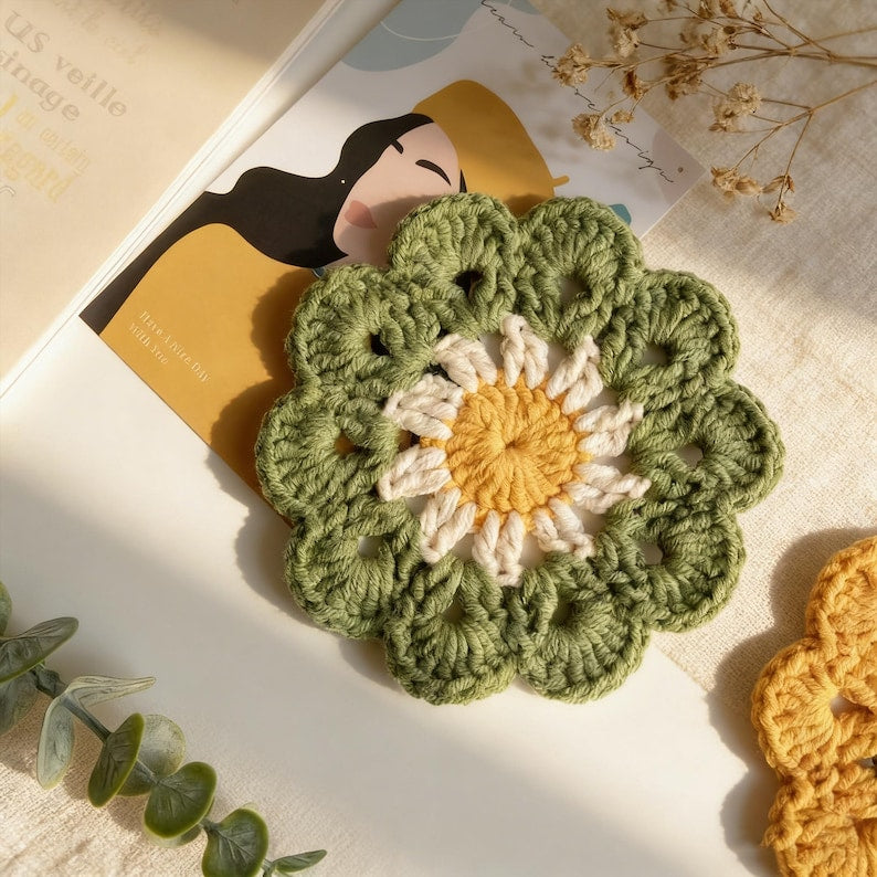 Sous-verres marguerite et tournesol au crochet en coton bohème