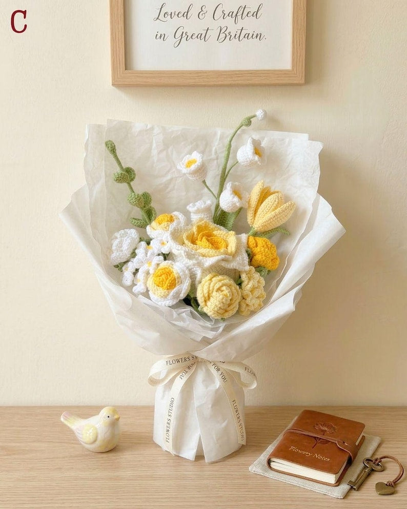 Bouquet de fleurs au crochet, jaune déco printanière fête des mères