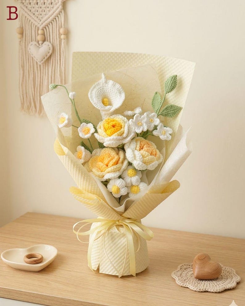 Bouquet de fleurs au crochet, jaune déco printanière fête des mères