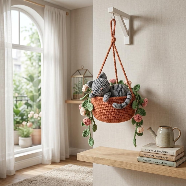 Suspension chat tigré gris crochet dans pot de roses miroir voiture